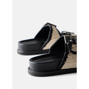 Mint Velvet Black Leather Raffia Sandals
